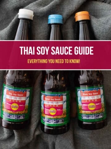 Different types of Thai soy sauces used in authentic Thai cooking.