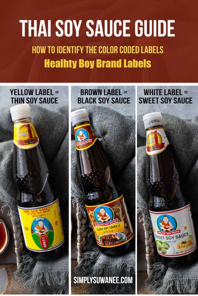 Thai soy sauce guide showing color coded caps for thin soy sauce, sweet soy sauce, and black soy sauce.