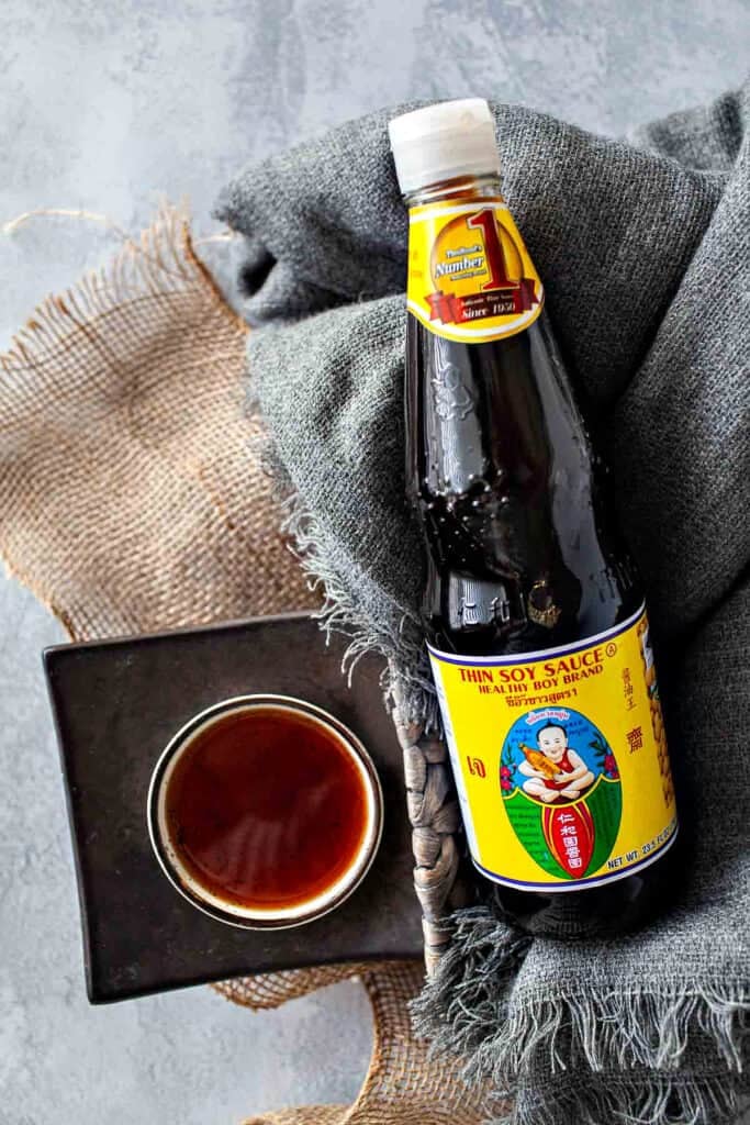 Healhty Boy Brand Thai thin soy sauce bottle used for stir fries, fried rice, and noodle dishes.