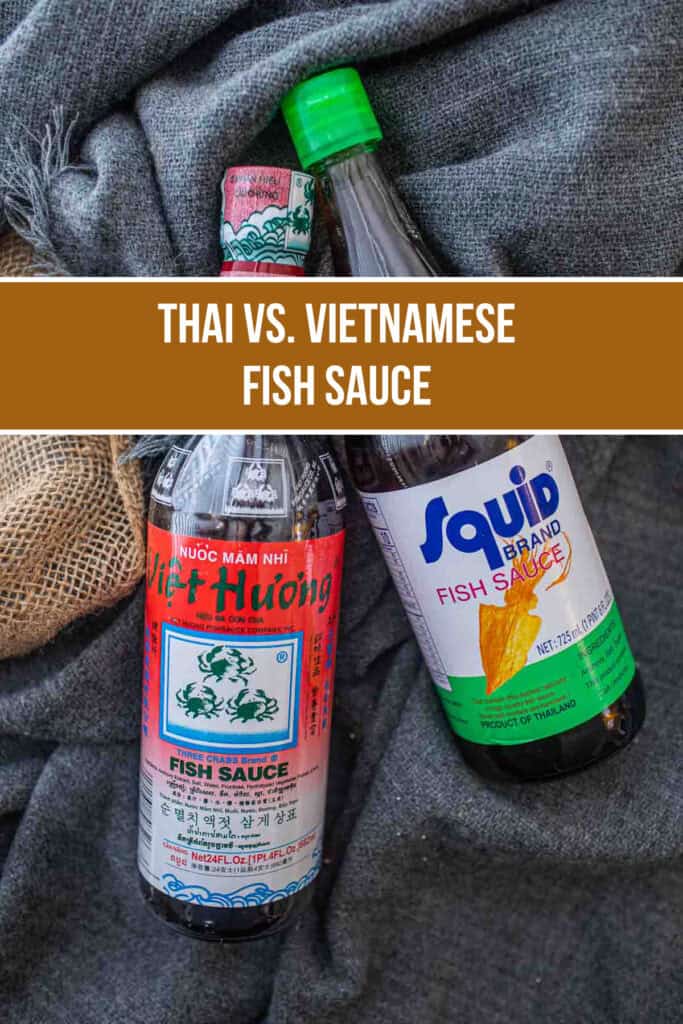 2 bottles of Thai fish sauce vs Vietnamese fish sauce on a cloth.