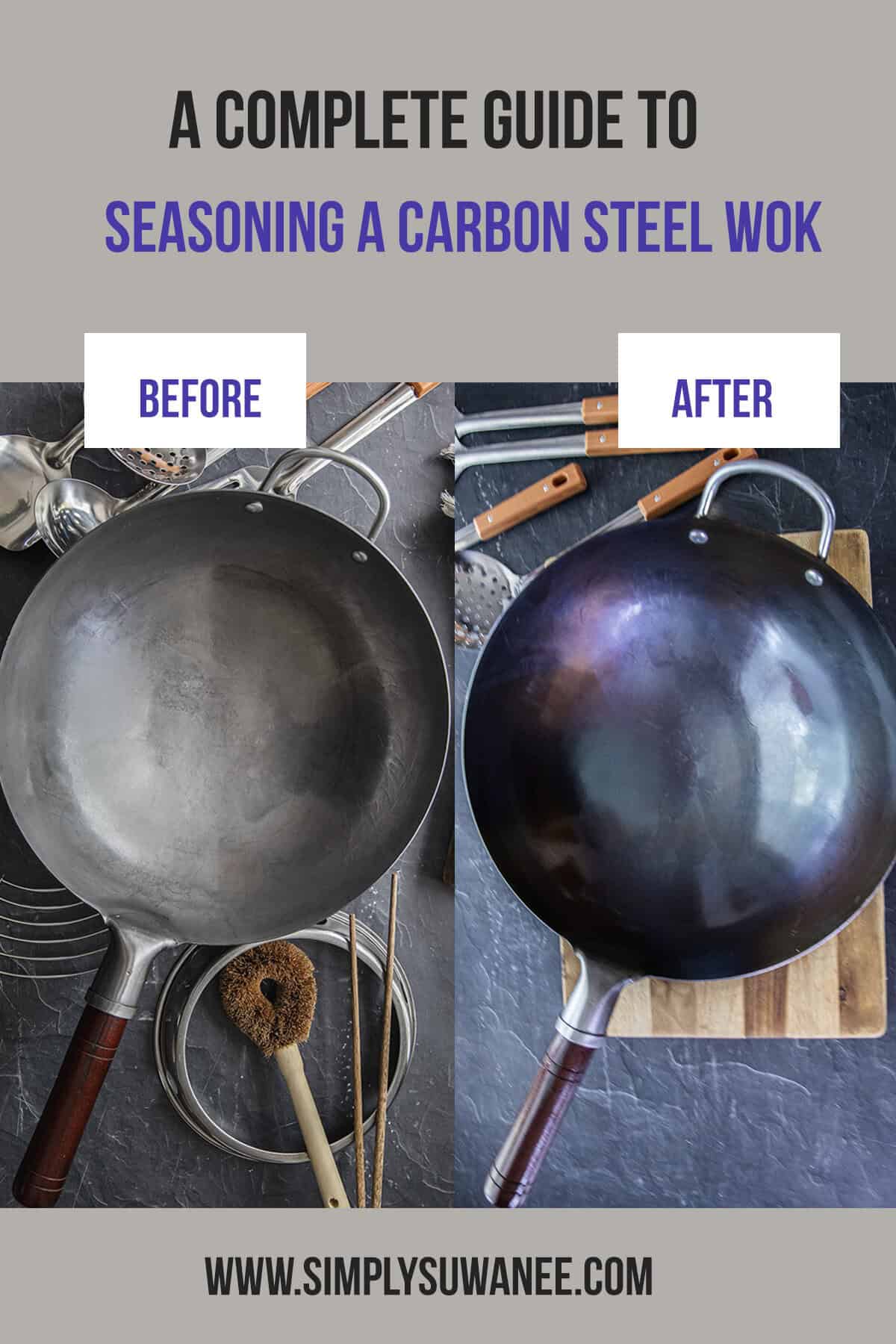 Before and after seasoning a carbon steel wok showing color changes and patina development.