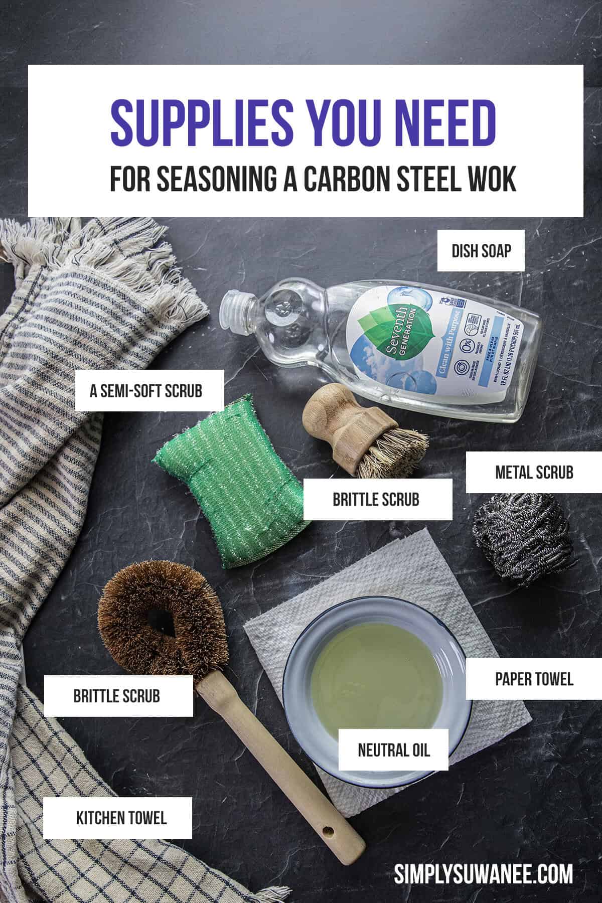 Supplies needed for seasoning a carbon steel wok including oil, soap, scrubber, and towels.