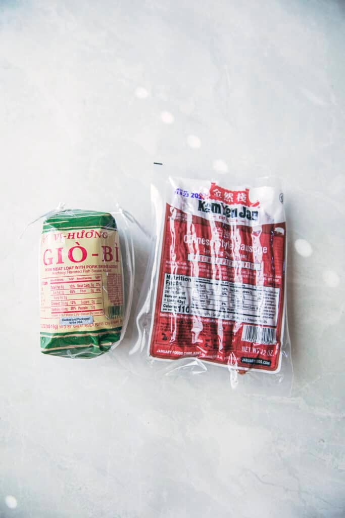 Chinese sausage, Moo Yor, and firm tofu for Poh Pia Sod in bags.
