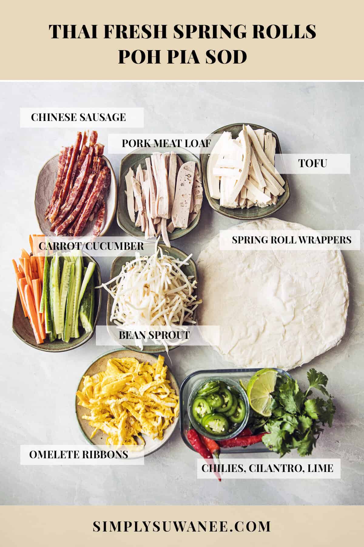 Ingredients for Thai fresh spring rolls including Chinese sausage, Moo Yor, tofu, egg, bean sprouts, vegetables, and wrappers.