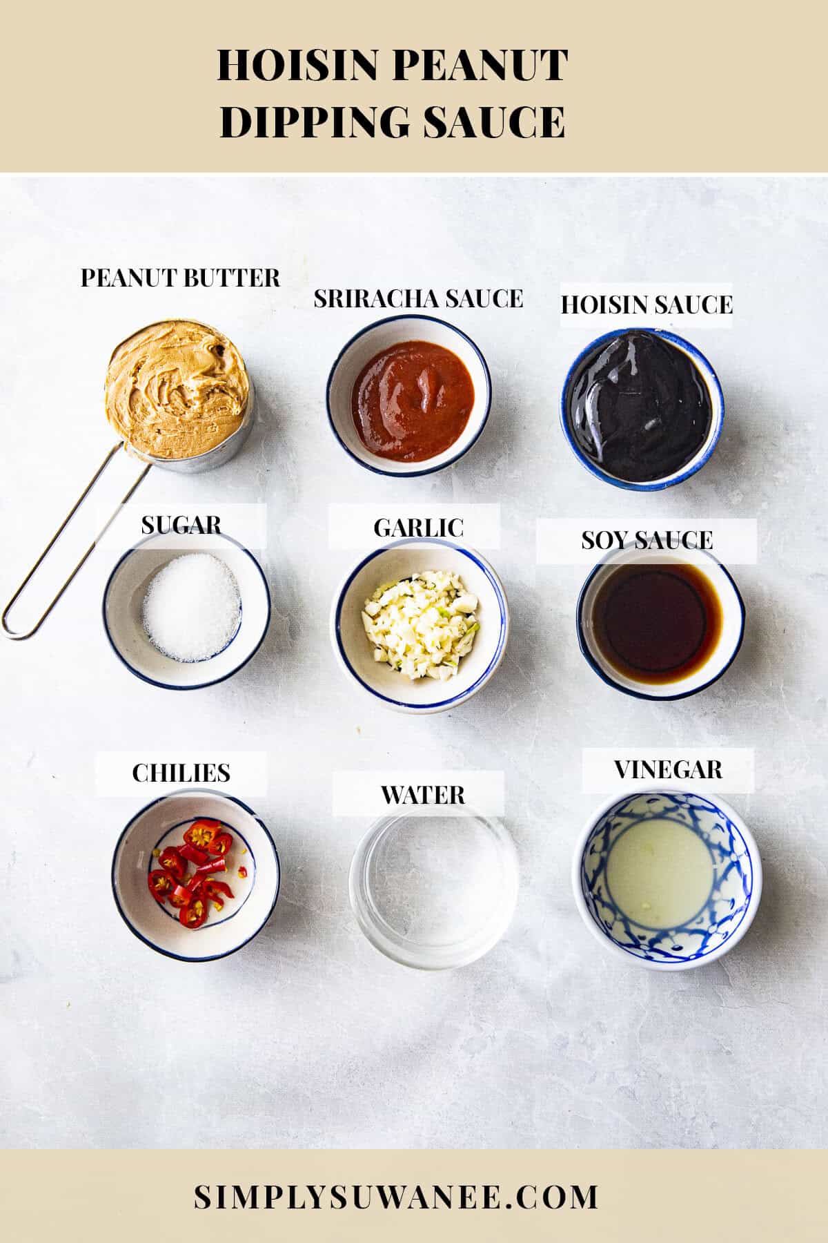 Hoisin peanut springroll sauce ingredients labeled on a counter.
