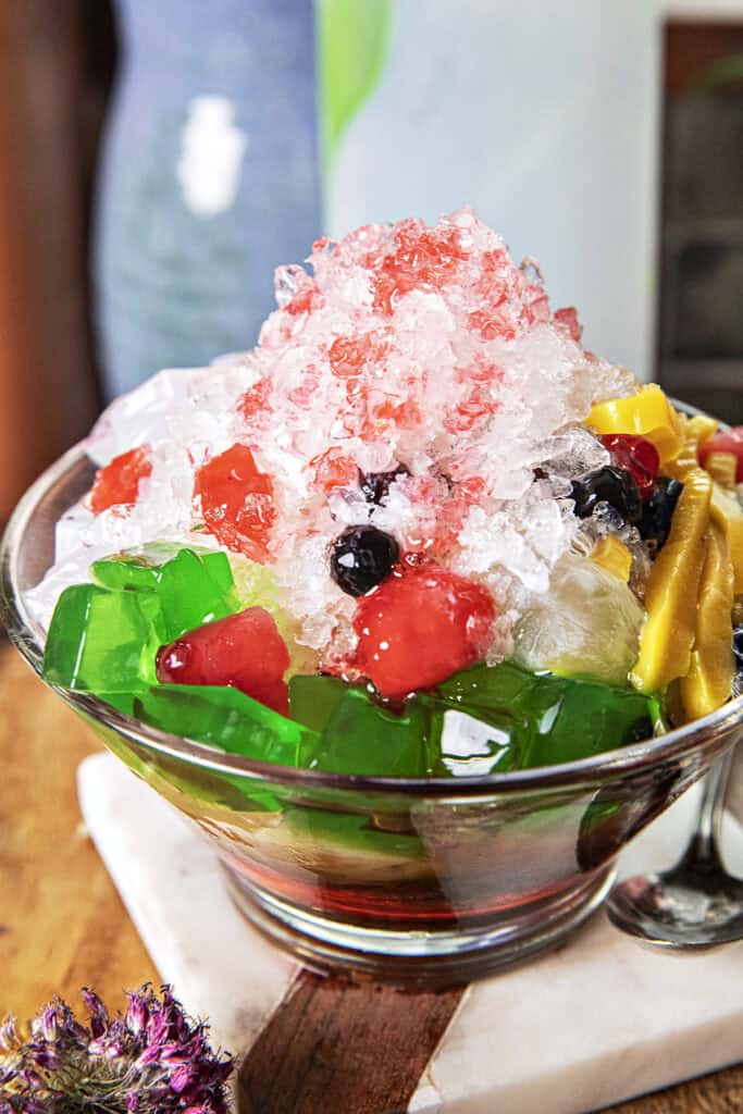 Nam Khaeng Sai with shaved ice, jackfruit, boba, colorful jellies, sala syrup.
