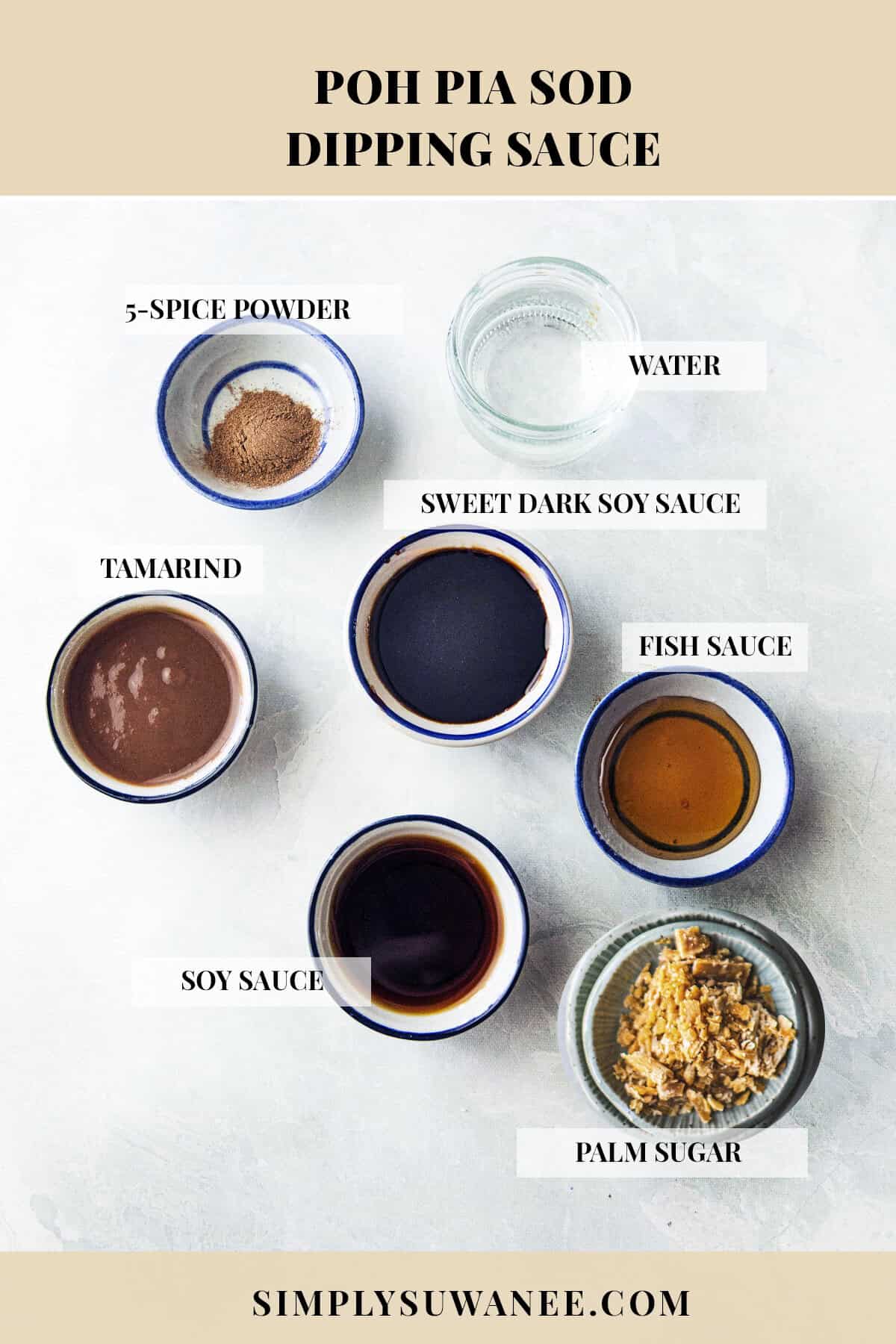 Poh Pia Sod sauce ingredients with tamarind, soy sauces, fish sauce, five-spice, palm sugar, and water