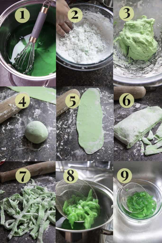 Steps for rolling and cutting green tapioca dough into thin Lod Chong Singapore noodles.