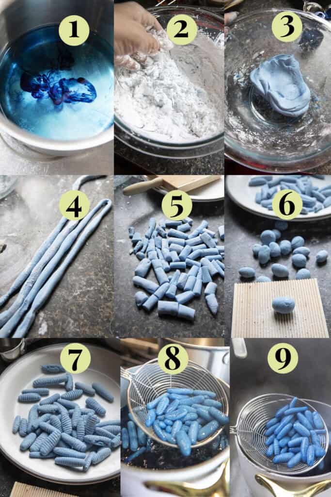 Blue tapioca dough being shaped into ridged Krong Kraeng using a gnocchi board.