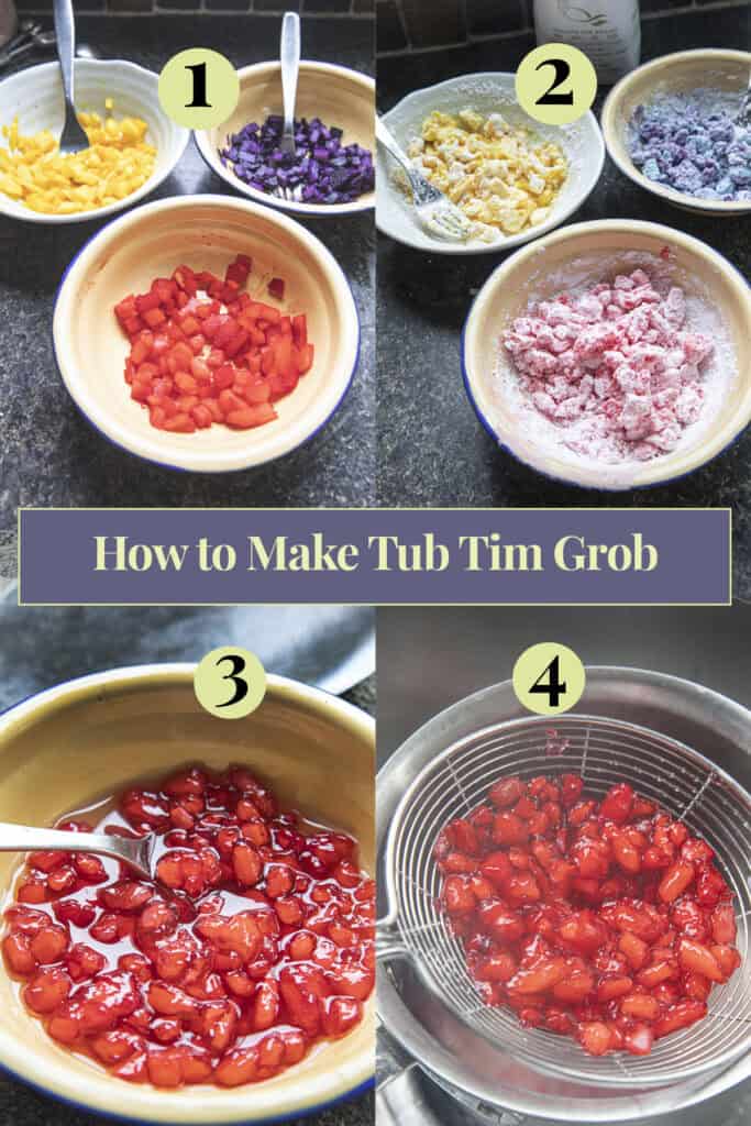 Steps for making colorful Tub Tim Grob by coating diced water chestnuts in tapioca flour and boiling until translucent.