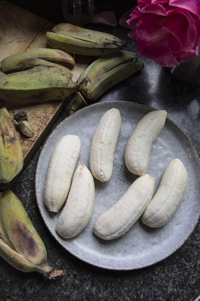 Peeled Nam Wa bananas ready for grilling.