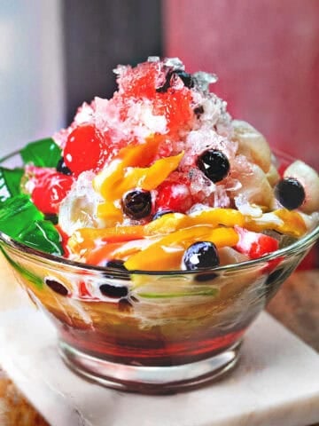 Nam Khaeng Sai with shaved ice, jackfruit, boba, colorful jellies, sala syrup and condensed milk.