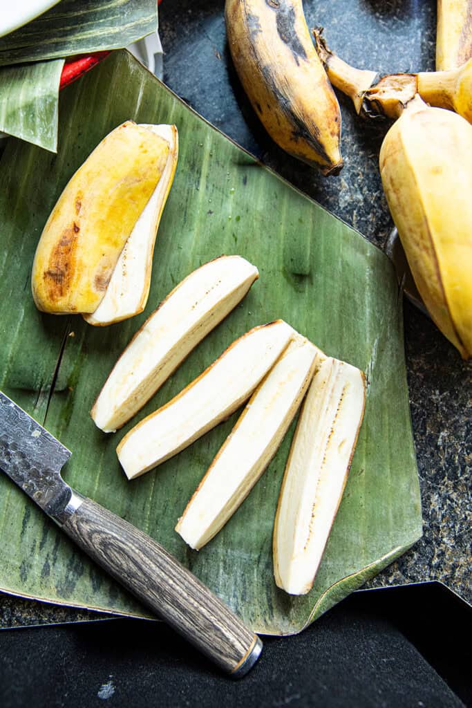 Nam Wa banana close-up, Ripe Nam Wa banana cut for Thai banana sticky rice.