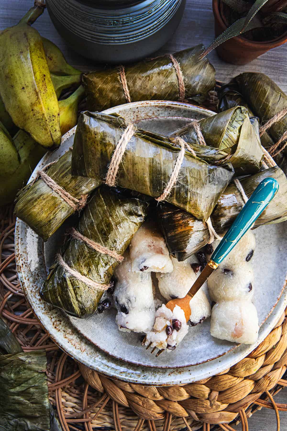 Traditional Thai Khao Tom Mud after steaming in banana leaves.
