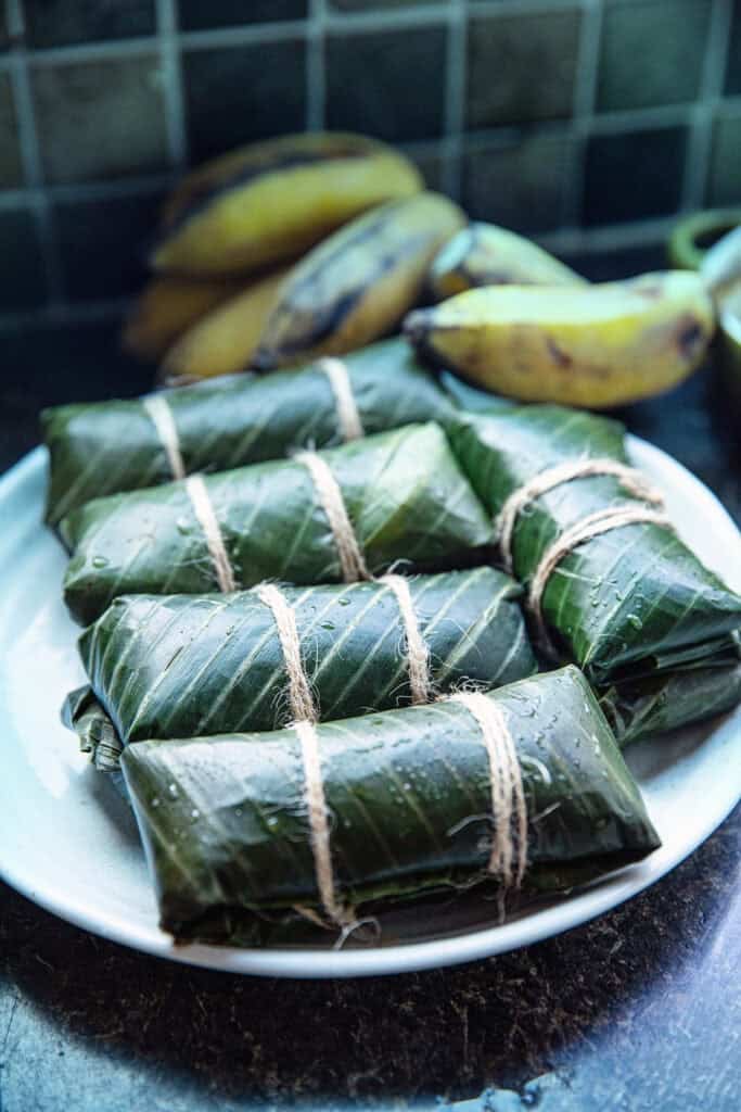 Khao Tom Mud folded into a banana leaf parcel.