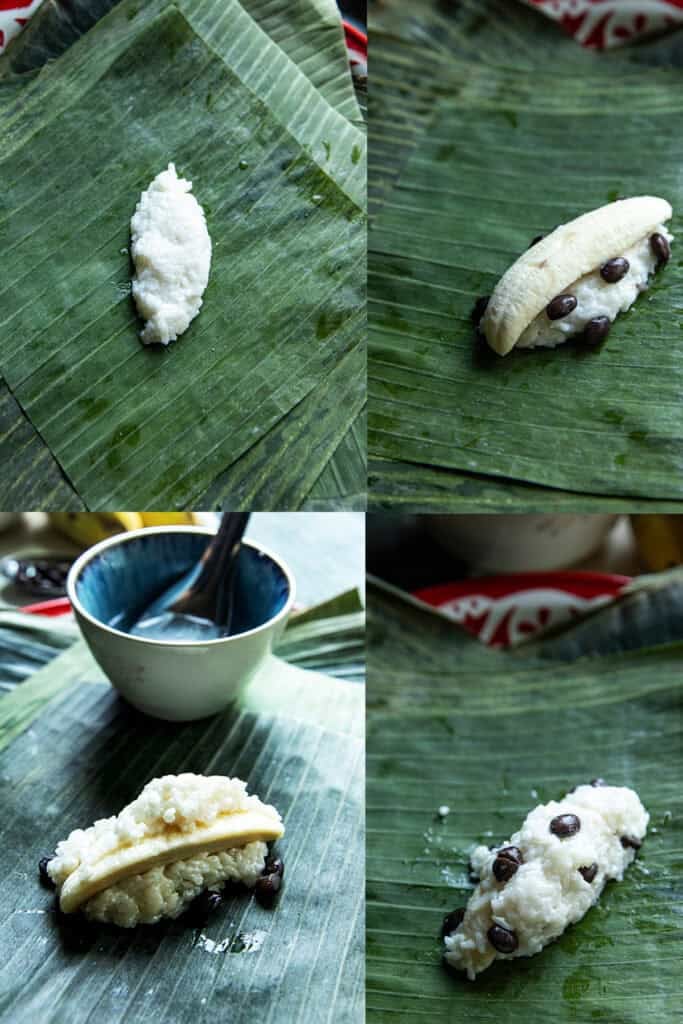 Coconut sticky rice placed on banana leaves for wrapping.
