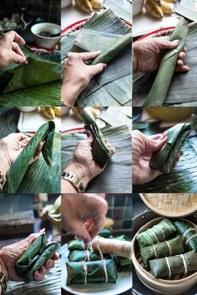 How to wrap and tie Khao Tom Mud in banana leaves step by step.