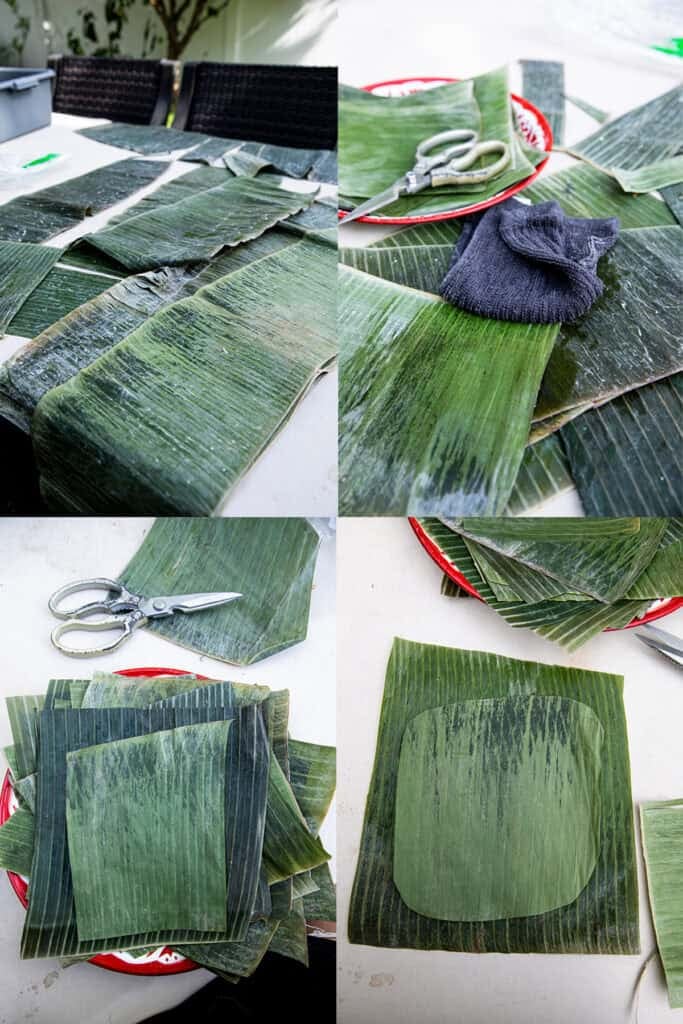 Frozen banana leaves cleaned and cut for wrapping Khao Tom Mud.